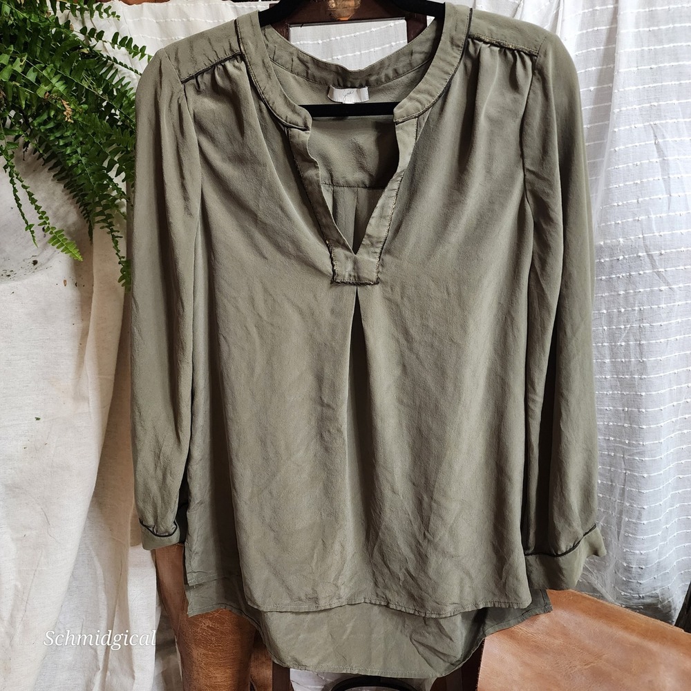 Joie Womens Silk Blouse Olive Green Metallic Trim Split V-Neck Top 355-T5659 S